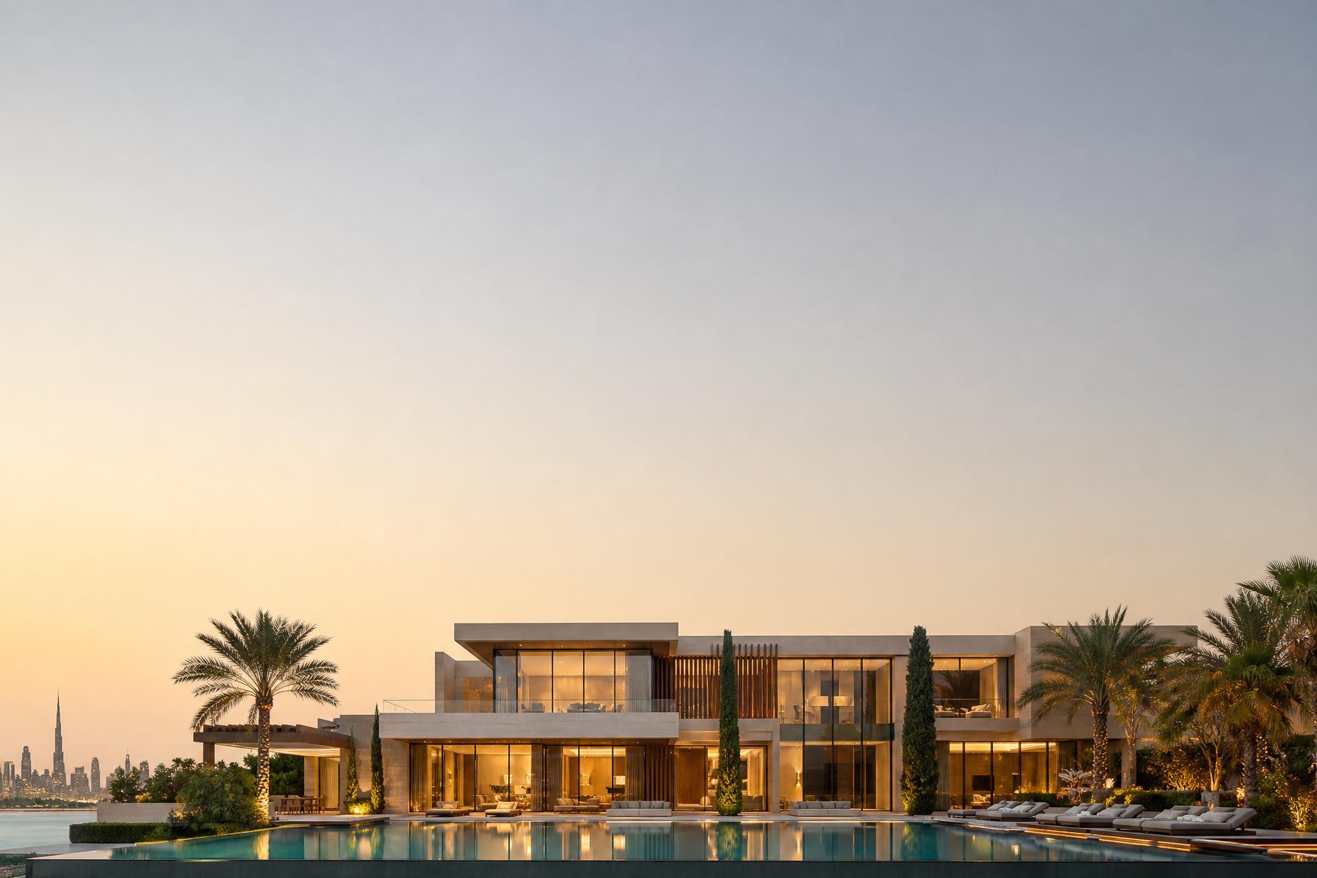 Contemporary luxury villa at golden hour with the Dubai skyline beyond