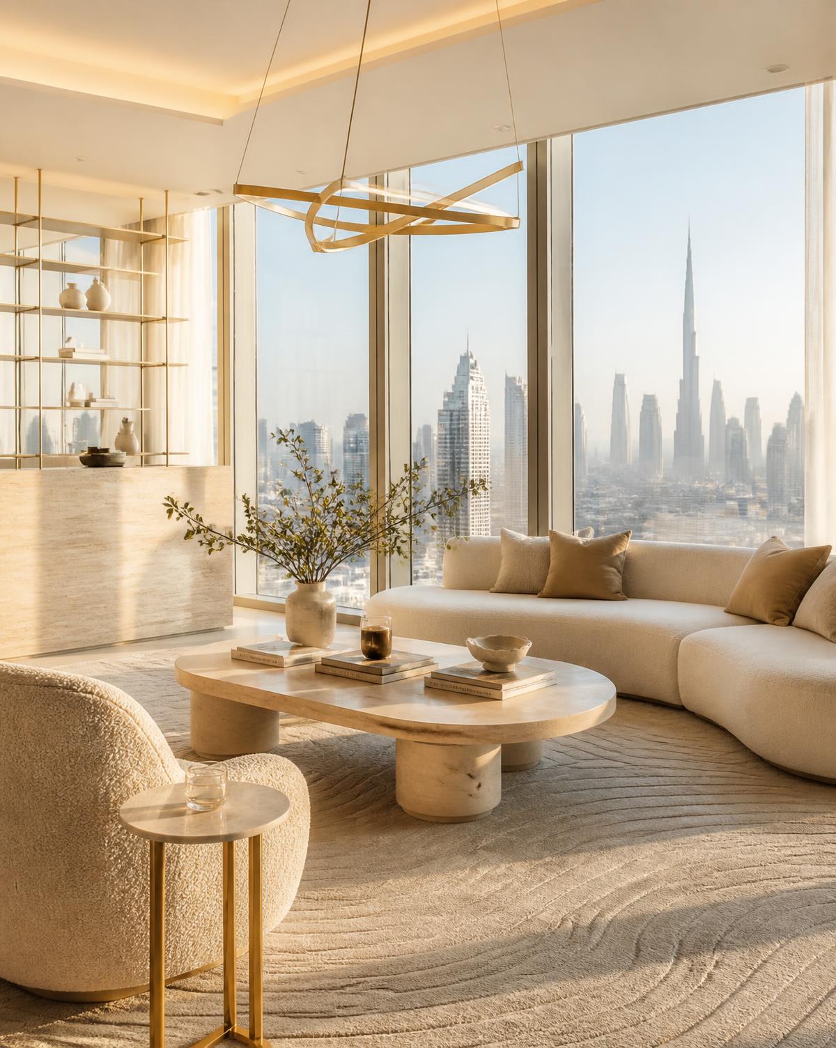 Sunlit luxury penthouse interior overlooking the Dubai skyline